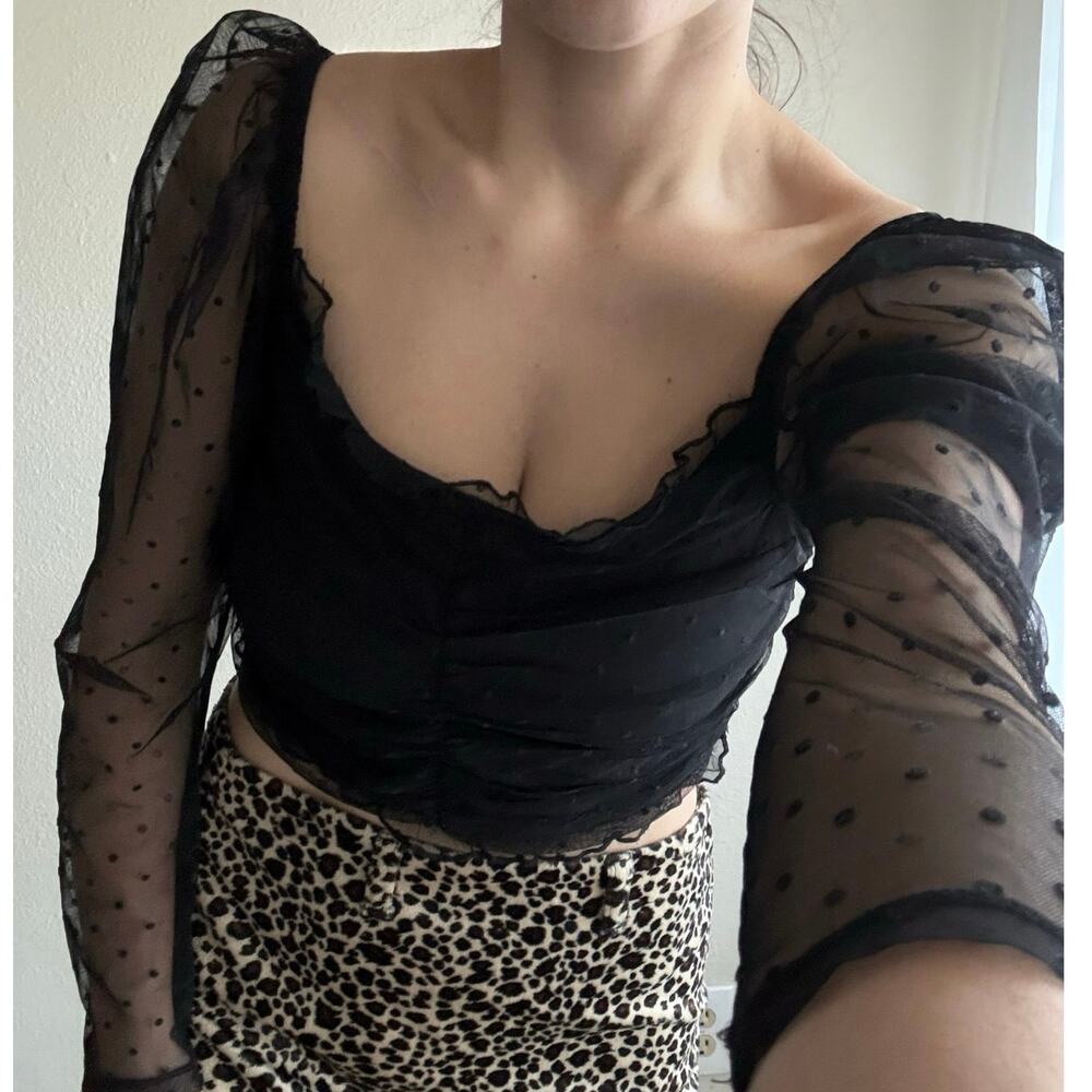 H&M Black polka dot crop top puff sleeve semi Sheer witch going out party club